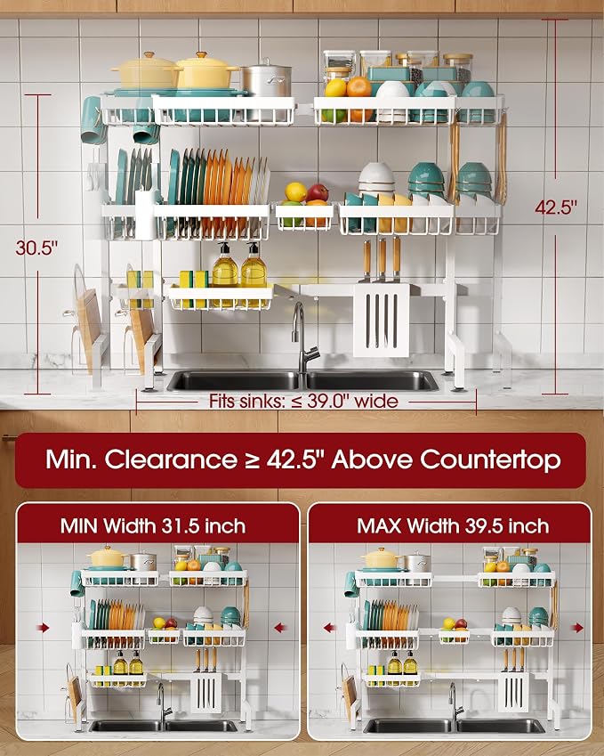 Sakugi Over The Sink Dish Drying Rack - Adjustable 3 Tier XX-Large Capacity Stainless Steel Drainer with Cutlery & Utensil Holders, Kitchen Storage & Organization, 31.5"-39.5"L x 12"W x 30.5"H, White - Image 3