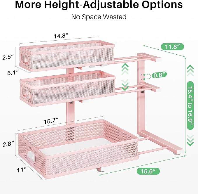 Kitstorack Under Sink Organizer, 1-Pack 3-Tier Height Adjustable Thickened Metal Pull out Cabinet Organizer Shelf, Slide out Storage Drawer Rack for Bathroom Kitchen Pantry Home Organization, Pink - Image 9