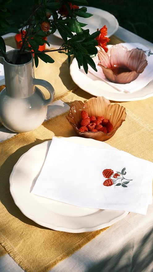 Linen Napkins Set of 4-100% Pure White Linen Embroidered Dinner Napkins 19 x 19 Inch for Spring, Summer, Memorial Day (Berry Harvest Collection) - Image 9