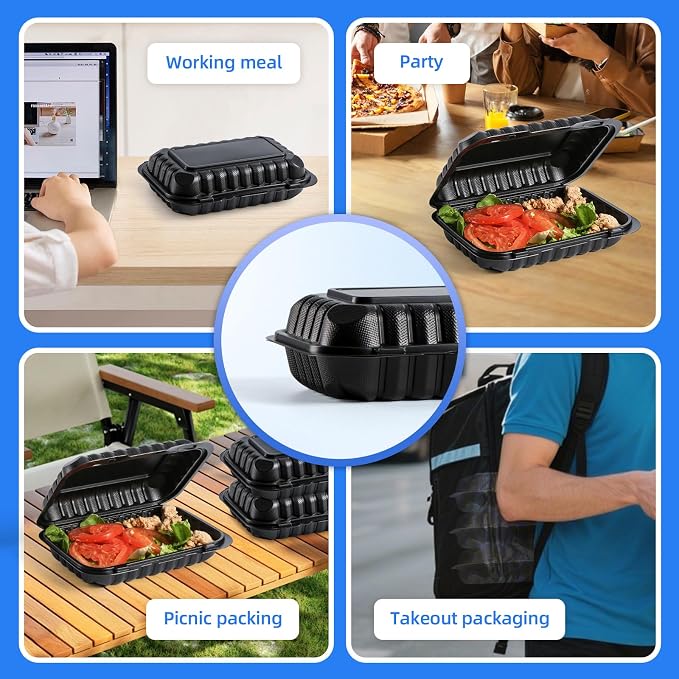YANGRUI 50-Pack 28oz 9x6 Takeout Containers - Shrink Wrapped No Pre-Wash | Heavy Duty Mineral PP, Microwave & Freezer Safe | Reusable Clamshell for Meal Prep, Work Lunch, Leftovers, Picnic & Party - Image 6