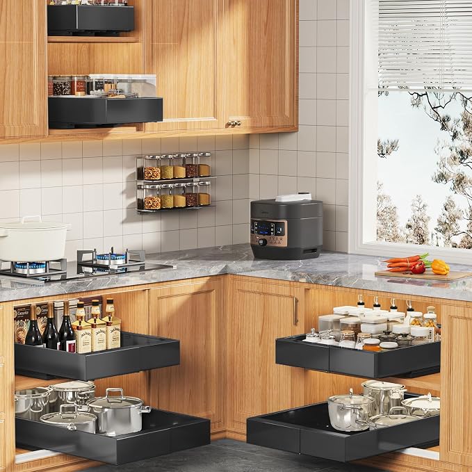 Seinloes 4 Pack Expandable Pull Out Cabinet Organizer 21" Deep With Raising Pad for Framed Cabinets,Upgrade 3 Slide Rails Slide Out Drawers,No Drill Roll Out Shelves,Adjustable Width 9"-14" Black - Image 7