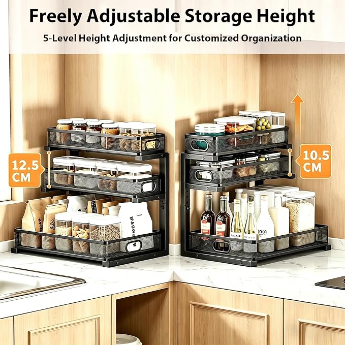 2 Pack Bathroom Under Sink Organizer, 3-Tier Pull Out Kitchen Cabinet Organizer with 5 Adjustable Heights Metal Slide Out Storage Makeup Drawer Rack for Bedroom Office Pantry Home Organization, Black - Image 9