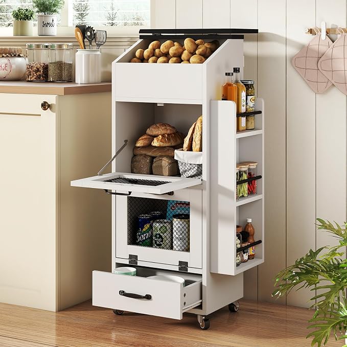 Verano Garden 16.0" Potato and Onion Storage Bin on Wheels, Bread Box | Fruit and Vegetable Organizer, Rolling, Side Rack, Flip-top, Mesh Doors, 4-Tier, Grocery Section, Ventilated, Wood, Kitchen - Image 9