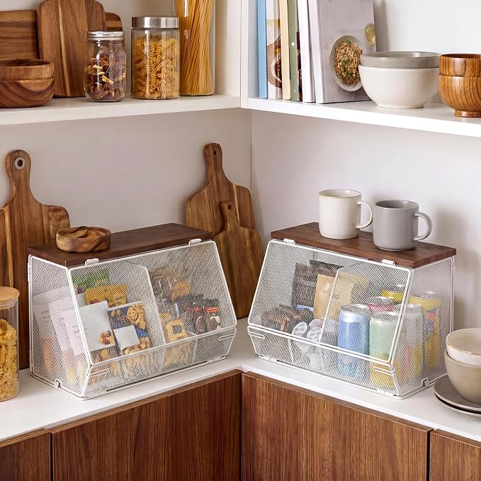 Teenyyou 2 Pcs Stackable Mesh Fruit Basket with Lid Wall Produce Vegetable Storage Basket Onion Potato Hanging Metal Wire Container for Kitchen Counter Pantry (Divided,White,8.3"w & 13.8"L) - Image 7