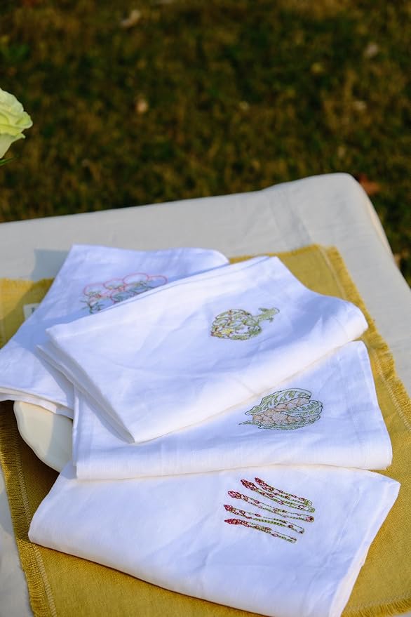 White Linen Napkins Set of 4-100% Pure Linen Embroidered Dinner Napkins 19 x 19 Inch for Spring, Summer Memorial Day - Botanical Embroidery (Garden Harvest Collection) - Image 12