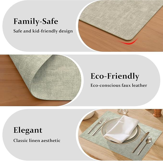 FROMHEART Faux Leather PU Placemats Set of 8 (Light Green,11.8" x 17") | Waterproof,Heat/Oil Stain-Resistant Table Mat–Reversible,Non-Slip,Easy to Clean Place Mats for Kitchen,Dining,Indoor/Outdoor - Image 7