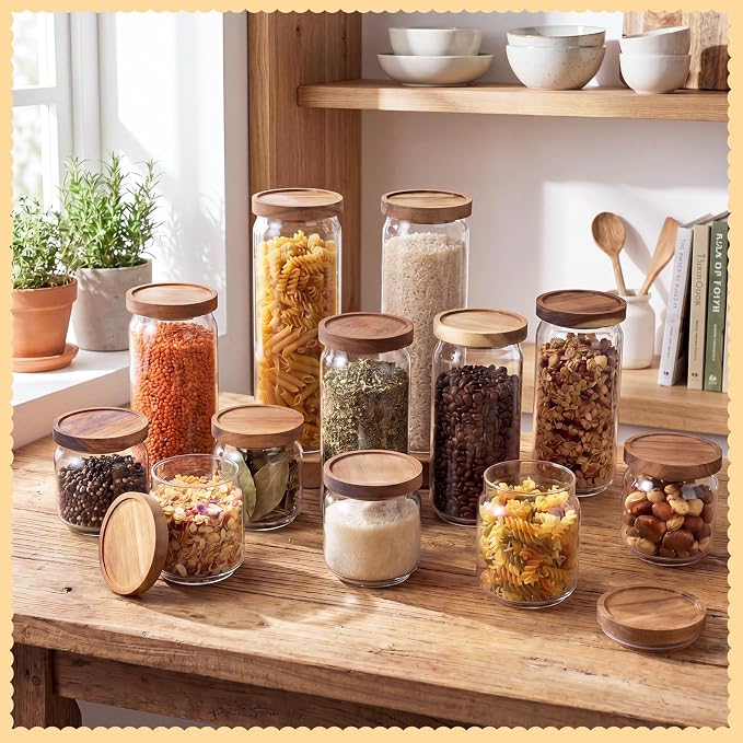 SiliFine 12 Set Glass Pantry Storage Jar with Acacia Airtight Lid 3 Size Glass Storage Container Jar for Pasta Spaghetti Cereal Coffee Bean Flour Sugar Rice, 17oz, 35oz, 53oz (Wood Lid) - Image 6
