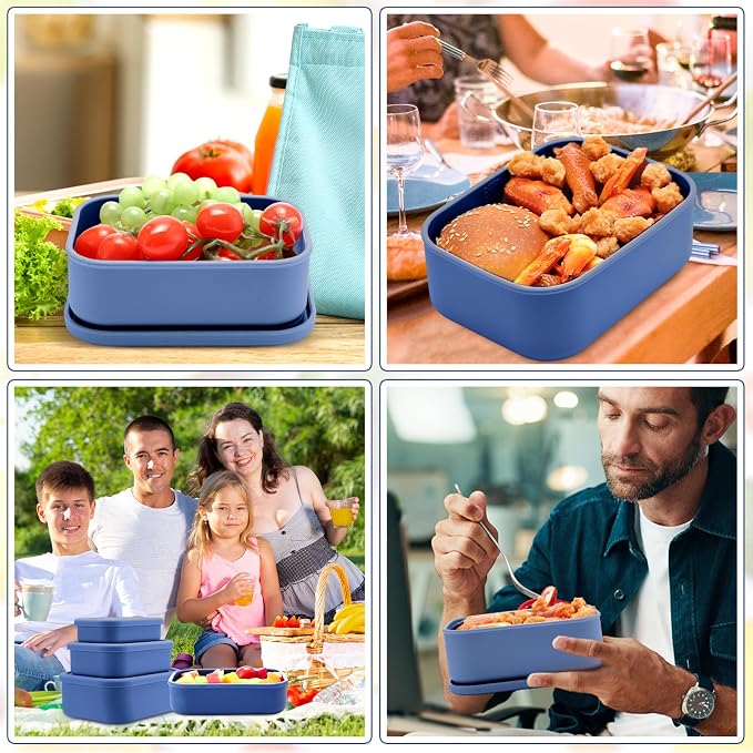 2 Sets of 6 Silicone Food Storage Containers, Reusable Lunch Bento Box with Lid, Hard Shell Storage Containers, Microwave Dishwasher Freezer Safe, 10 oz, 23.6 oz, 44 Ounce(Blue) - Image 6