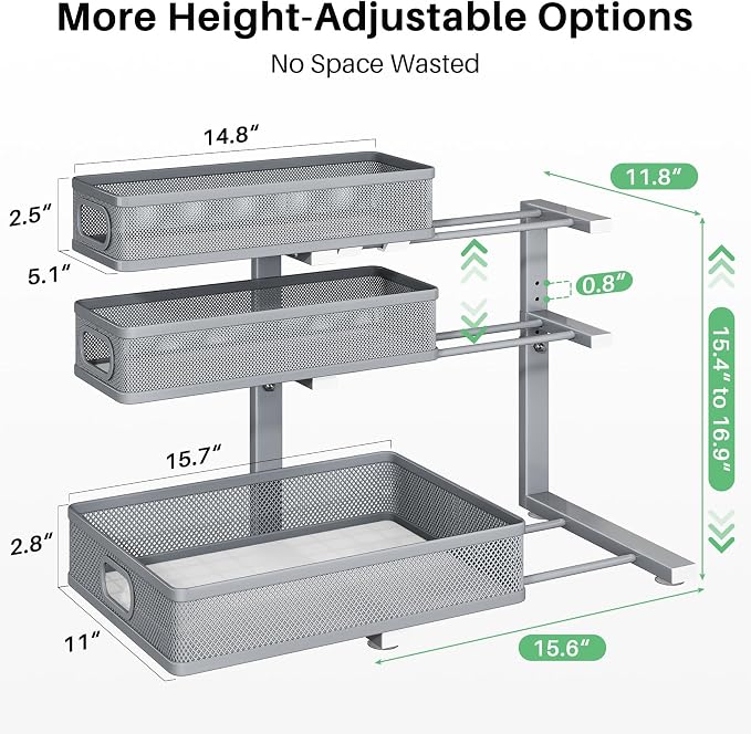 Kitstorack Under Sink Organizer, 1-Pack 3-Tier Height Adjustable Thickened Metal Pull out Cabinet Organizer Shelf, Slide out Storage Drawer Rack for Bathroom Kitchen Pantry Home Organization, Grey - Image 8