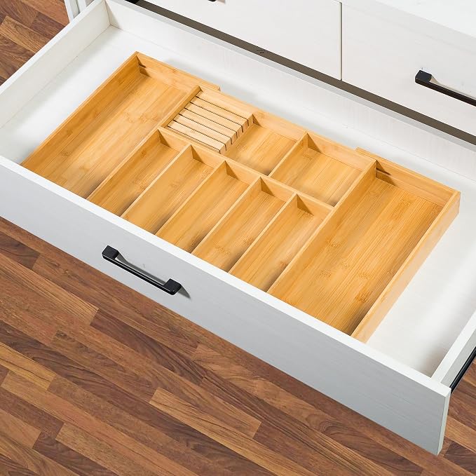 VaeFae Extra Large Kitchen Utensil Holder, Bamboo Silverware Drawer Organizer, Expandable Cutlery Organizer with Knife Block, Multifunctional Drawer Divider - Image 6