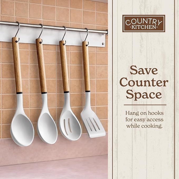 Country Kitchen Non Stick Silicone Utensil Set with Rounded Wood Handles for Cooking and Baking, 8 Piece Set, White - Image 8