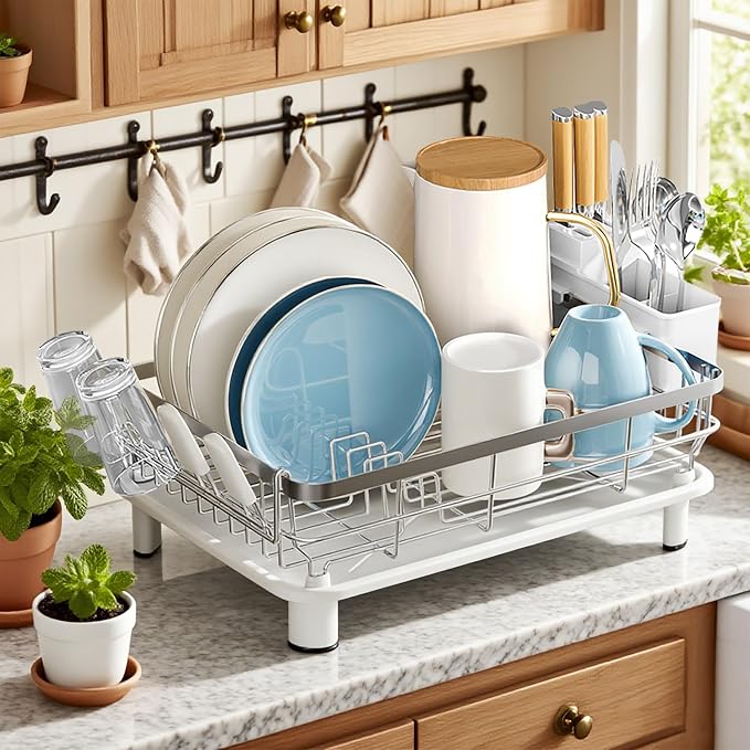 MOUKABAL Stainless Steel Dish Drying Rack for Kitchen Counter, White Silver | 13×17 Large Capacity/Drainboard with Rotating Spout/Removable Cup & Utensil Holders/Fast Drainage/Countertop Dish Drainer - Image 8