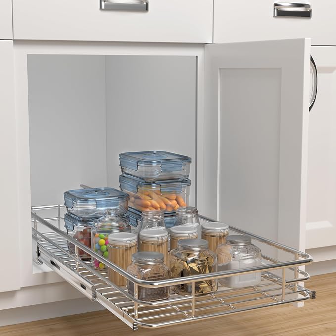 Pull Out Cabinet Organizer 17" W x 21" D, Chrome | Slide Out Kitchen Shelves, Heavy-Gauge Wire Storage Drawer, Ball-Bearing Glides, 100 Lb Capacity, Min 18" Cabinet Opening - Image 4