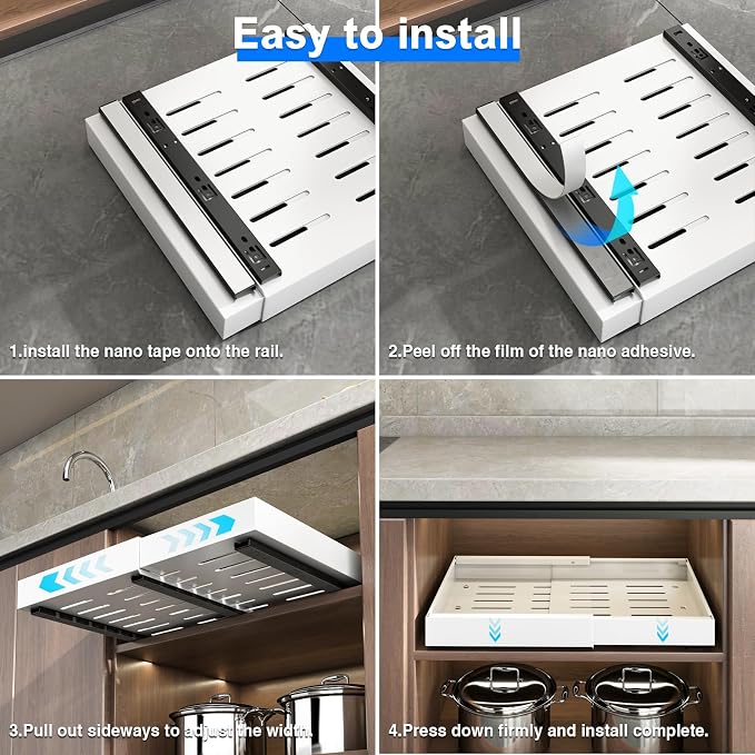 Mustorn 2 Pack Pull Out Cabinet Organizer, Expandable Slide Out Drawers for Kitchen Cabinets Peel and Stick Pullout Drawer Heavy Duty Sliding Shelves for Cupboard, Pantry, Bathroom(16.5" Deep, White) - Image 8