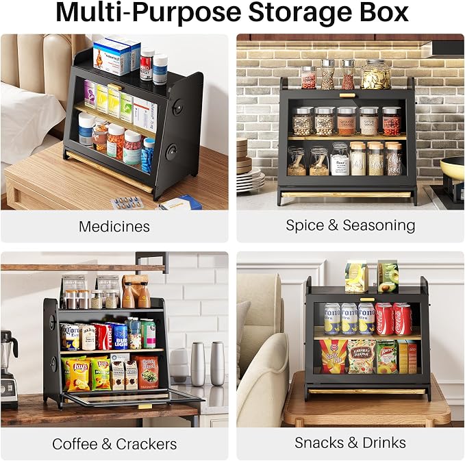 SNTD Airtight Bread Box for Kitchen Countertop, Bamboo Cutting Board, Black | Adjustable Vent Hole, Sorted Storage, Natural Wood, Magnetic See-through Door, Metal Frame, Homemade Bread Storage Container - Image 9