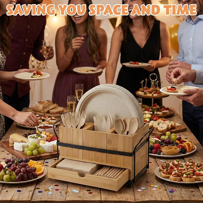Qunclay Wooden Silverware Caddy with Drawer, Paper Plate Organizer Holder Dispenser for Party, Utensil Cutlery and Flatware Holder with 4 Compartments for Forks, Spoons, Napkins, Kitchen Countertop - Image 6