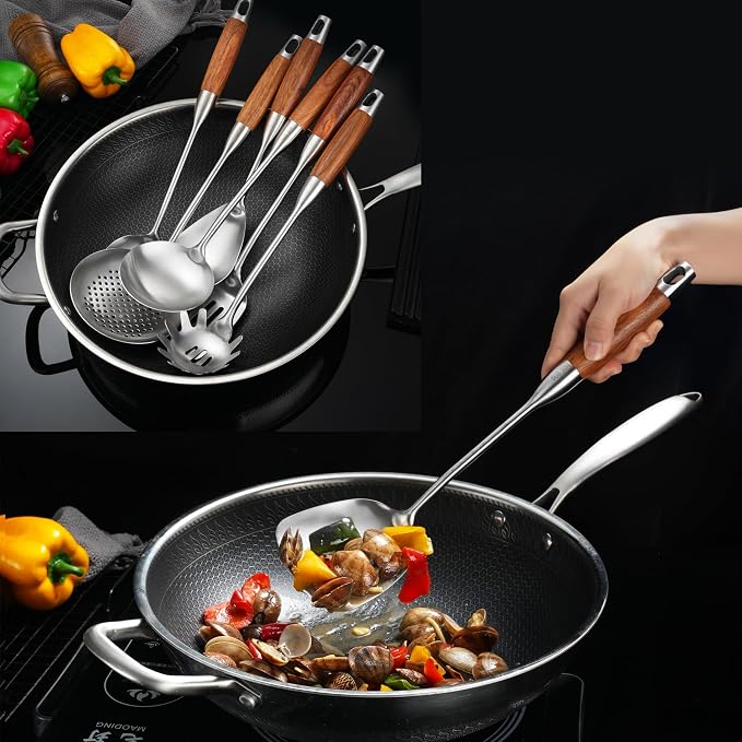 Stainless Steel Kitchen Utensils Set for Cooking Wooden Handle | Food Grade 304, Sturdy, Wooden Handle, Anti Scald, Good Weight, Well Balance, Work with Large Batches - Image 8