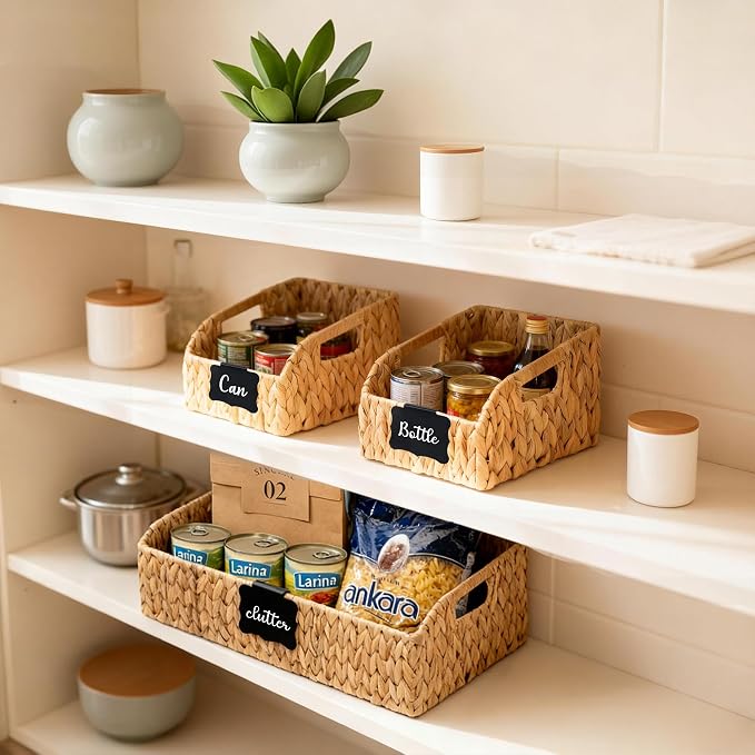 Wicker Baskets for Organizing,Pantry Baskets with Built-in Handles, Handwoven Wicker Storage Basket, Water Hyacinth Storage Bins for Shelves, 3 Pack, Natural 4 Set - Image 9