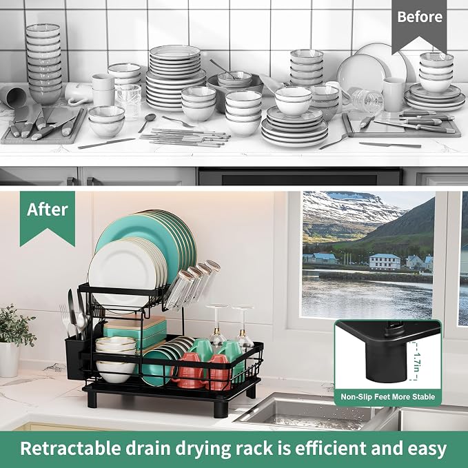 MOUKABAL 2 Tier Dish Drying Rack with Drainboard for Kitchen Counter, Black | 13×17 Large Capacity/Rustproof Stainless Steel/Fast Drainage Dish Drainer/Removable Utensil Holder/Kitchen Counter Organizer - Image 9