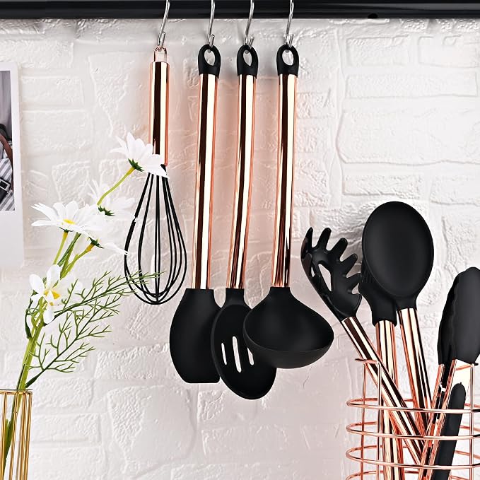 Non-stick Silicone Cooking Utensil Set with Holder, 16pcs Kitchen Utensils Set Heat Resistant Cookware Copper Stainless Steel Handle Cooking Tools Turner Tongs Spatula Spoon - Black&Rose Gold - Image 8