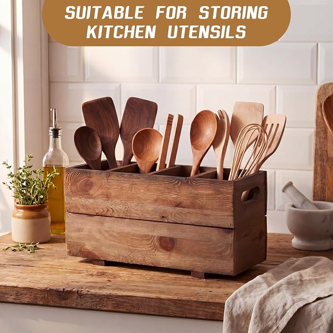 Chumia Extra Large Wooden Kitchen Utensil Holder Organizer for Counter Countertop, Farmhouse Rustic Utensil Holder Container for Storage Cooking Spoons Silverware Tools with 4 Compartments - Image 7