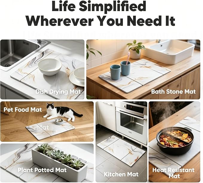 Stone Drying Mat for Kitchen Counter, Quick Diatomaceous Earth Mats for Dishes, 24"L x 16" W Super Absorbent Fast-Drying Collapsible Countertop Stone Mat (Marble White-08, 24" x 16") - Image 5