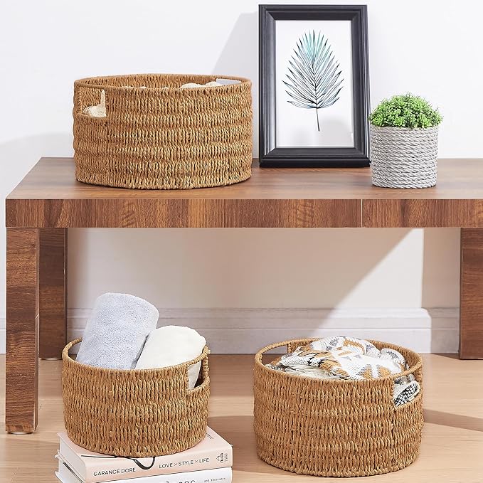 Wicker Storage Basket, Hand-Woven Paper Rope Large Round Woven Basket With Handles, Wicker Baskets for Organizing/Storage, Natural, 3-Pack - Image 8