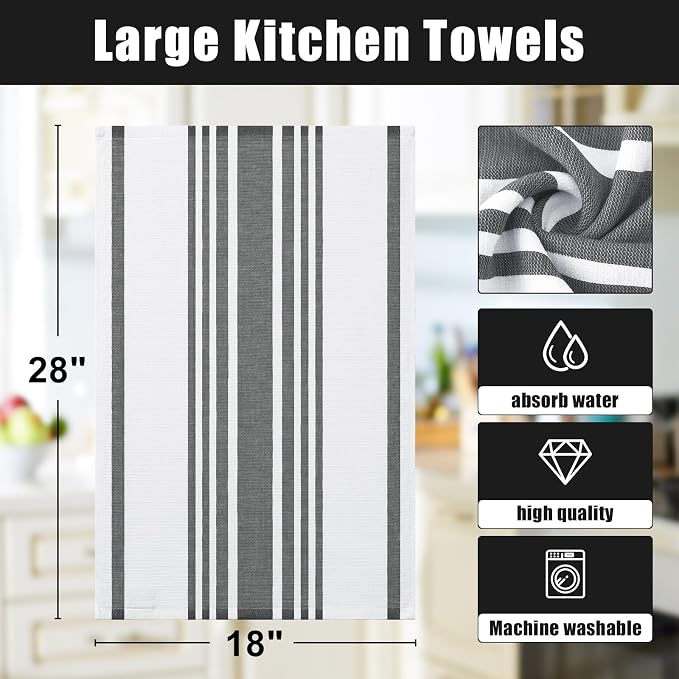 Homaxy Premium Cotton Stripe Kitchen Towels 12 Pack, 18"x 28", Black | Large 380 GSM Kitchen Hand Towels, Soft Terry Dish Towels, Highly Absorbent Tea Towel Set with Hanging Loop - Image 8