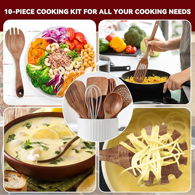 SiliFine 11 Pcs White Wooden Kitchen Utensils Set with 360° Ceramics Rotating Holder Acacia Wood Cooking Utensils with Cooking Spoons Spatulas Nonstick Cookware Countertop(White) - Image 6