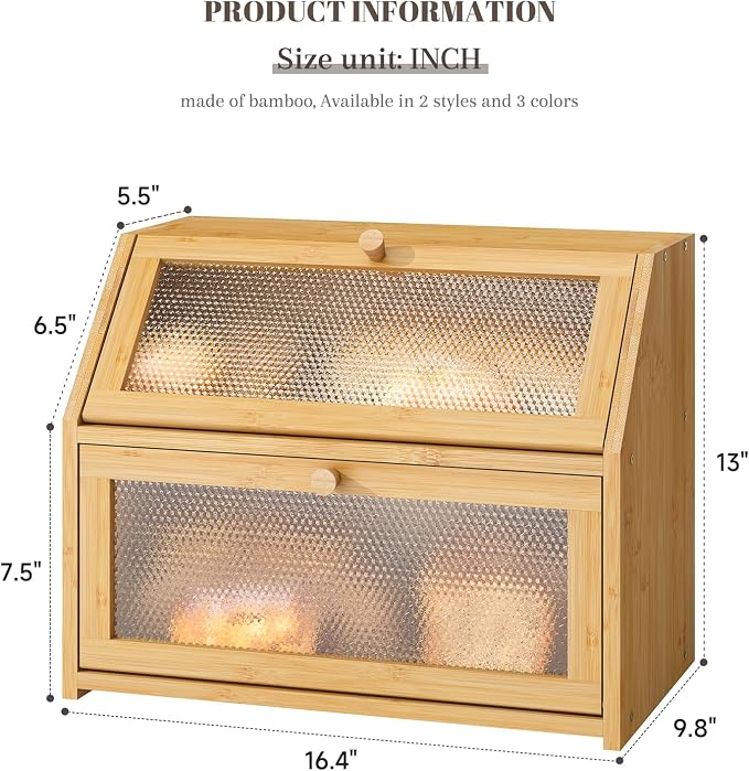 STDDRE Bread Box for Kitchen Countertop Bin Double Layer Bread Box Storage Container Extra Large Capacity Farmhouse with Diamond Pattern Windows (Natural, Large) - Image 7