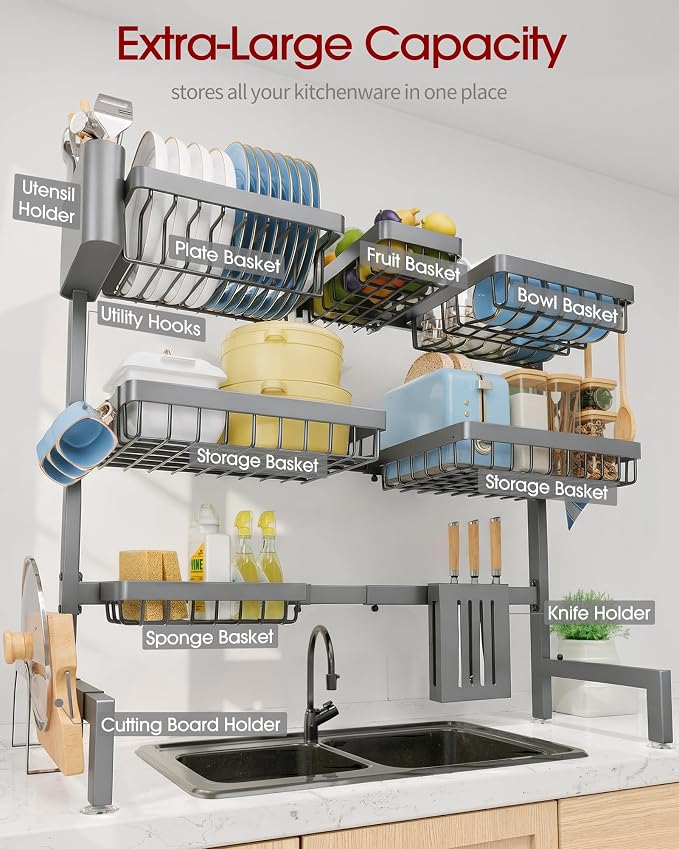 Sakugi Dish Drying Rack Over The Sink, Dish Drainer for Kitchen Counter | Stainless Steel Storage Organizer with Utensil Knife Holder & Hooks, Adjustable 11.8"Dx31.5"~39"Wx30"H, Grey - Image 4