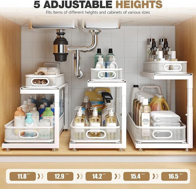 2-Pack 18.5 IN Depth Under Sink Organizer With Next-Gen Ball-Bearing Slides,Sophisticated Mesh 2-Tier Pull Out Shelf for Kitchen & Bathroom,Fits Small Items-White(Patented) - Image 9