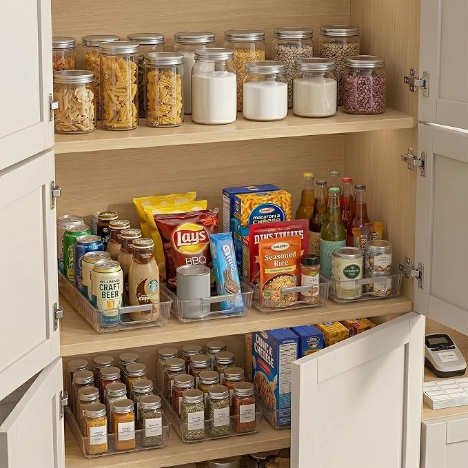 2 Pack Profile Fridge Organizer Bins with Wheels, 2.3'' Low Clear PET Roll Out Refrigerator Trays with 4 Dividers for Soda Cans, Drinks, Snacks and Pantry - Image 9