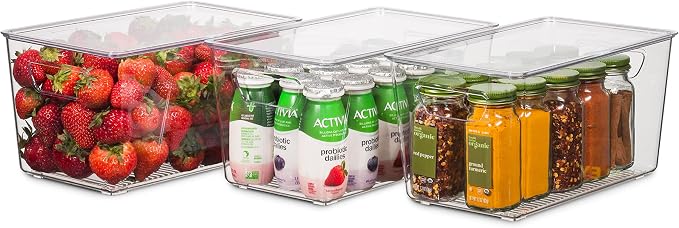 Set Of 12 Refrigerator Organizer Bins with Lids - Plastic Pantry Organization and Storage Baskets - Stackable Food Fridge Organizers with Cutout Handles for Freezer, Kitchen, Countertops, Cabinets - Image 8