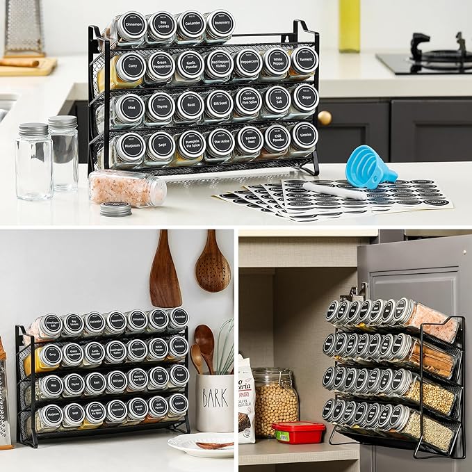 AOZITA Spice Rack Organizer with 28 Empty Spice Jars with Silver Lids, Funnel, Labels - Seasoning Organizer for Countertop, Cabinet, Kitchen, Pantry - Image 7