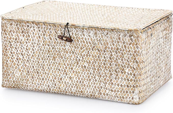 Hipiwe Wicker Woven Baskets Bin with Lid Seagrass Storage Basket, X-Large | Natural Decorative Baskets Rectangular Household Basket for Shelf Wardrobe Home Decor, Whitewash - Image 9