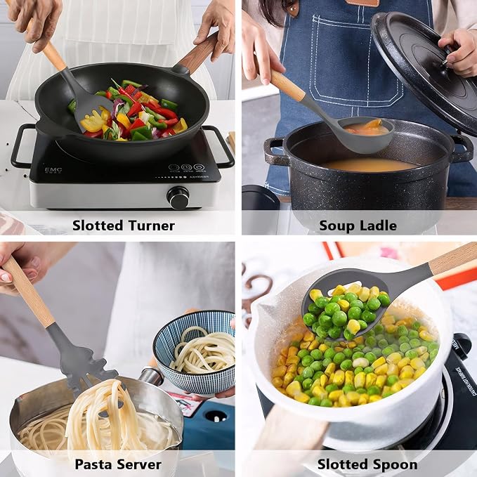 Kitchen Cooking Utensils Set, 6Pcs Silicone Kitchen Utensils Set Spatula Spoon Soup Ladle Turner, Heat Resistant Wooden Handle Silicone Cooking Gadgets for Nonstick Cookware & Baking BPA FREE - Image 9
