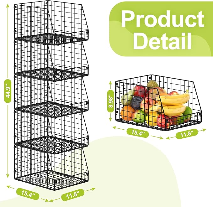 Jakyitvi 5 Pack XXL Stackable Wire Storage Basket, Extra Large Capacity Pantry Organizer and Storage, Muti-Purpose for Fruit Vegetable Basket & Toy Bin & Snack Organizer - Image 7