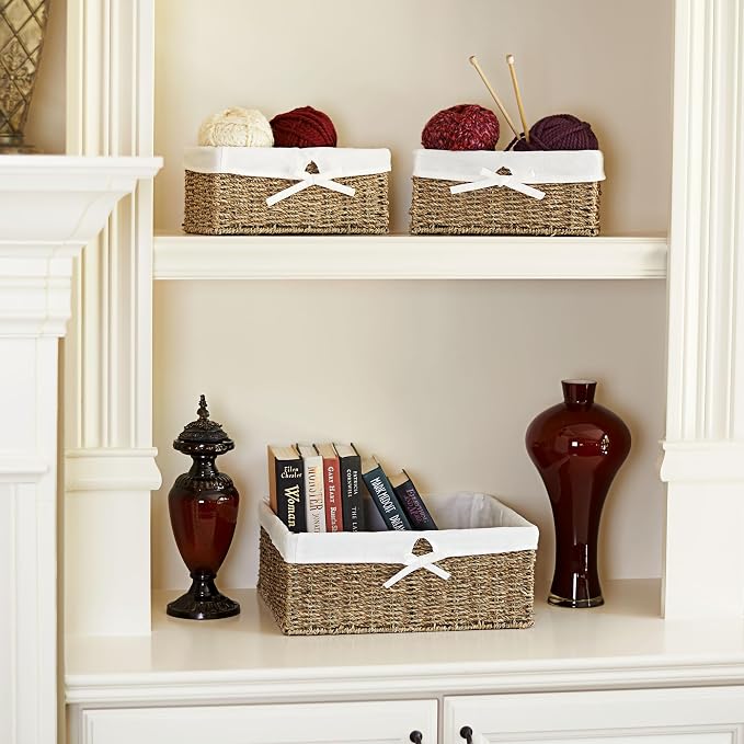 Household Essentials ML-5611 Set of Three Woven Wicker Storage Baskets with Removable Liners | Natural Seagrass,Brown - Image 2