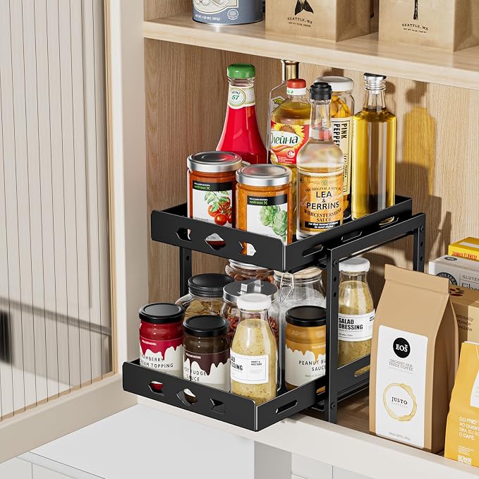 BOIVSHI Pull Out Spice Rack, Save Cabinet Space, 9.7''Wx10.8''Dx9.2''H | 2 Tier Cabinet Spice Organizer Height Adjustable, Vertical Spice Rack Maximizes Storage Space Inside the Cabinet - Image 9