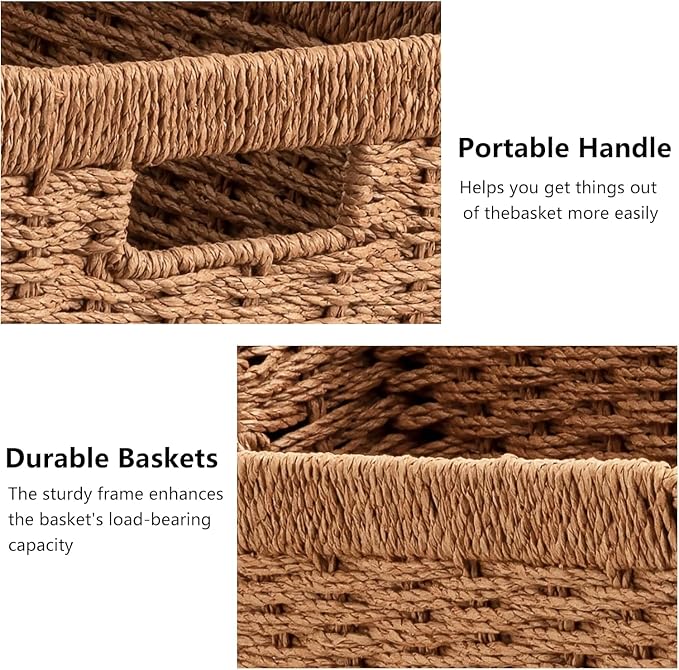UBBCARE 2 Pack Wicker Basket, 13.4L×8.3H×7.1W inch Woven Paper Rope Storage Baskets for Shelves, Foldable Rectangular Storage Baskets with Handle, Storage Basket for Organizing, Caramel - Image 8
