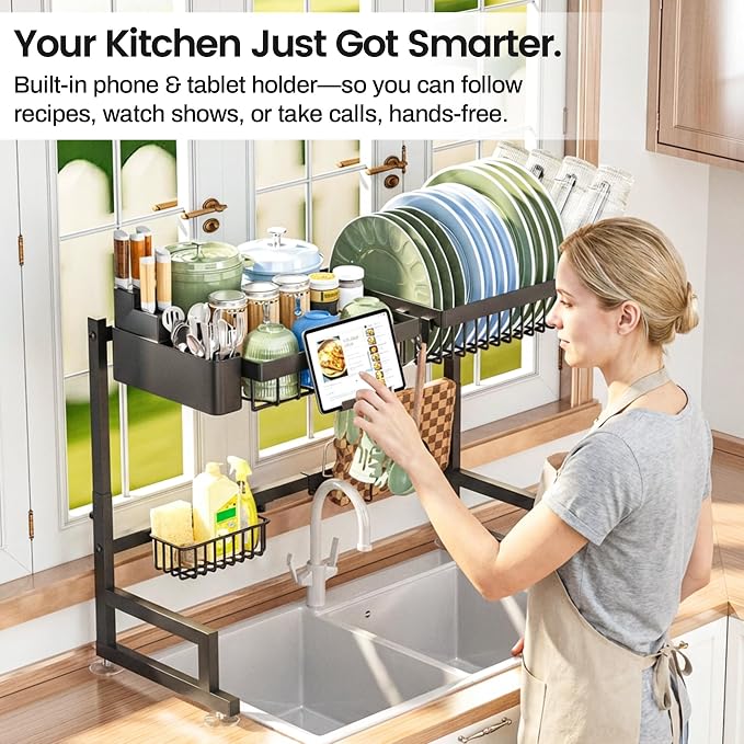 ADBIU Over The Sink Dish Drying Rack (Expandable Height and Length) Snap-On Design 2 Tier Large Dish Rack - Image 7