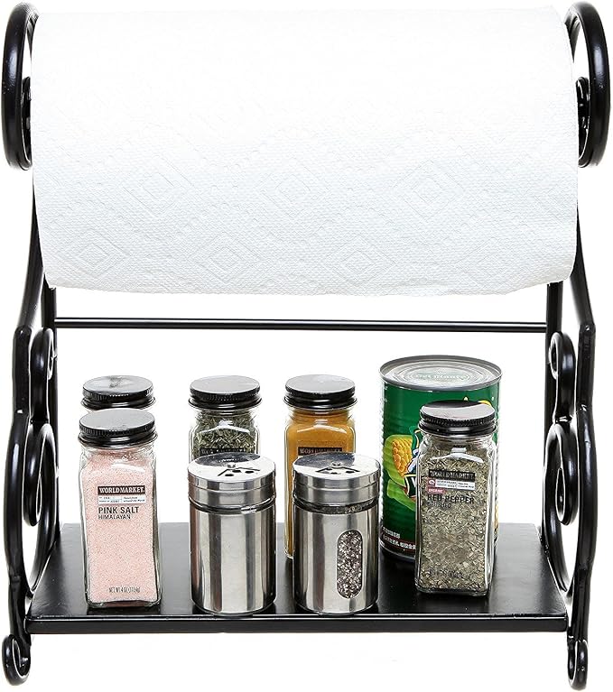 MyGift Black Metal Freestanding Paper Towel Holder Countertop with Shelf | Decorative Organizer for Kitchen, Scrollwork Design, Horizontal Storage for Spices, Napkins, and Condiments - Image 4