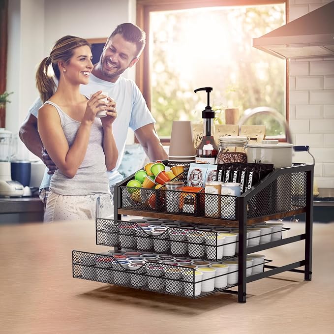 Coffee Bar Organizer - Coffee Station for Countertop, Metal and Wood K Cup holder Storage Basket for Coffee Pods, Syrup, Cups, Stirrer, Coffee Condiment, Tea Organizer, Black and Brown - Image 9