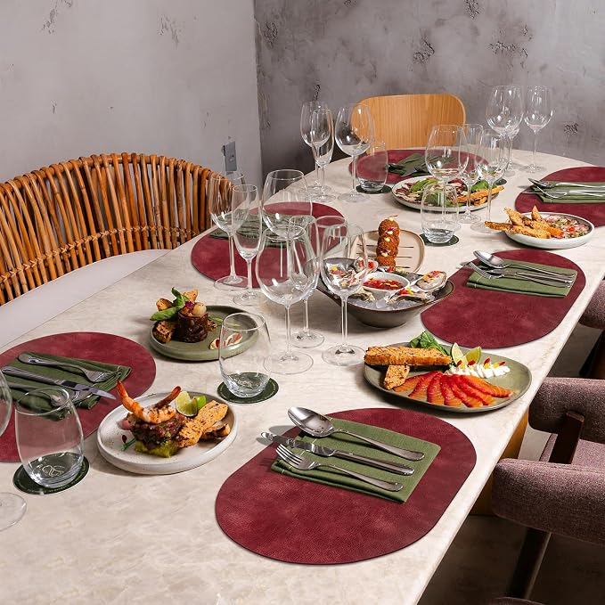 ADRIMER Placemats, Heat Resistant Oval Placemats Set of 12 Washable 12 x 17 Inch, Waterproof Table Mats, Wipeable Pu Place Mats for Kitchen, Dining Room, Wine Red - Image 7