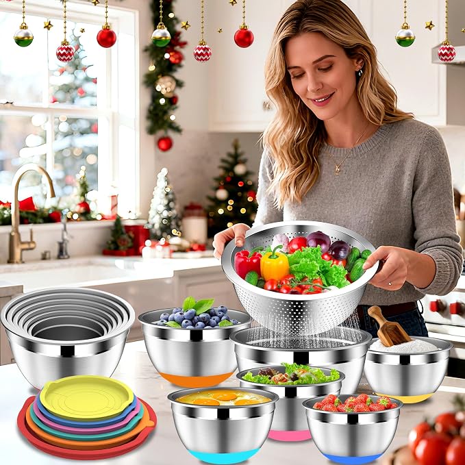 DUTZUN Mixing Bowls with Lids Set - 16pcs Stainless Steel Mixing Bowl Set with Colander, 3 Grater Attachments, Non-Slip Bottom, Metal Nesting Bowls with Strainer for Mixing & Serving - Multicolor - Image 7