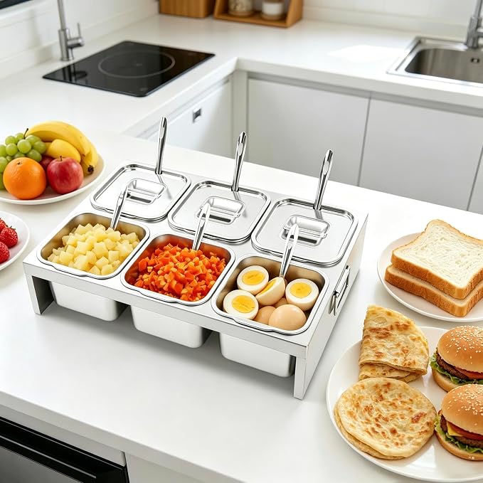 Pizza Topping Station Condiment Container Food Prep Ingredients Holder | Stainless Steel Container Set Spice Rack with 6 Pans& Lids&6* Spoons, Kitchen Restaurants Buffet Pizza Oven Accessories - Image 9