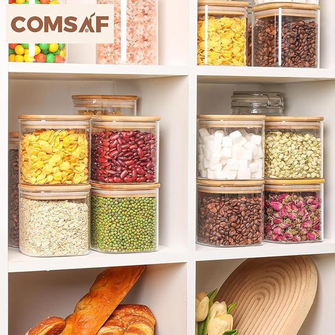 ComSaf Square Glass Containers with Lids 0.7 Qt, Set of 9 Small Galss Jars | Small Kitchen Canisters, Spice Jar, Pantry Organizers, Family Snack Station, Size For Subpackage, BPA Free, Cookie, Dry Food - Image 9