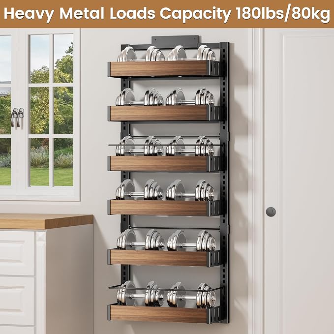 POKIPO 6 Tier Over The Door Pantry Organizer, 2-in-1 Door Hanging or Wall Mounted Spice Rack, Large Heavy Duty Pantry Door Storage Seasoning Shelves with Adjustable Basket for Kitchen Bathroom Closet - Image 8