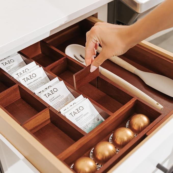 Tea Bag & Coffee Pod Organizer, 9.7-17 in, Acacia | 10 storage compartments, adjustable wall inserts, non-slip feet, food-safe - Image 7